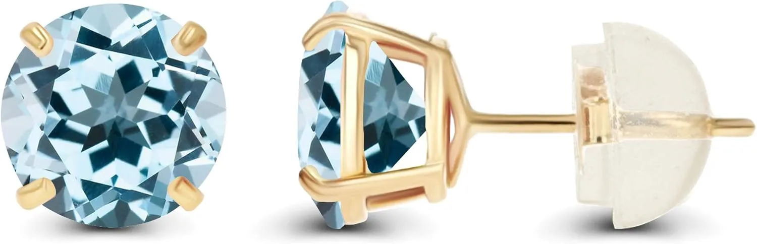 Solid 14K Yellow, White or Rose Gold 4mm Round Genuine Gemstone Birthstone Prong Set Stud Earrings For Women