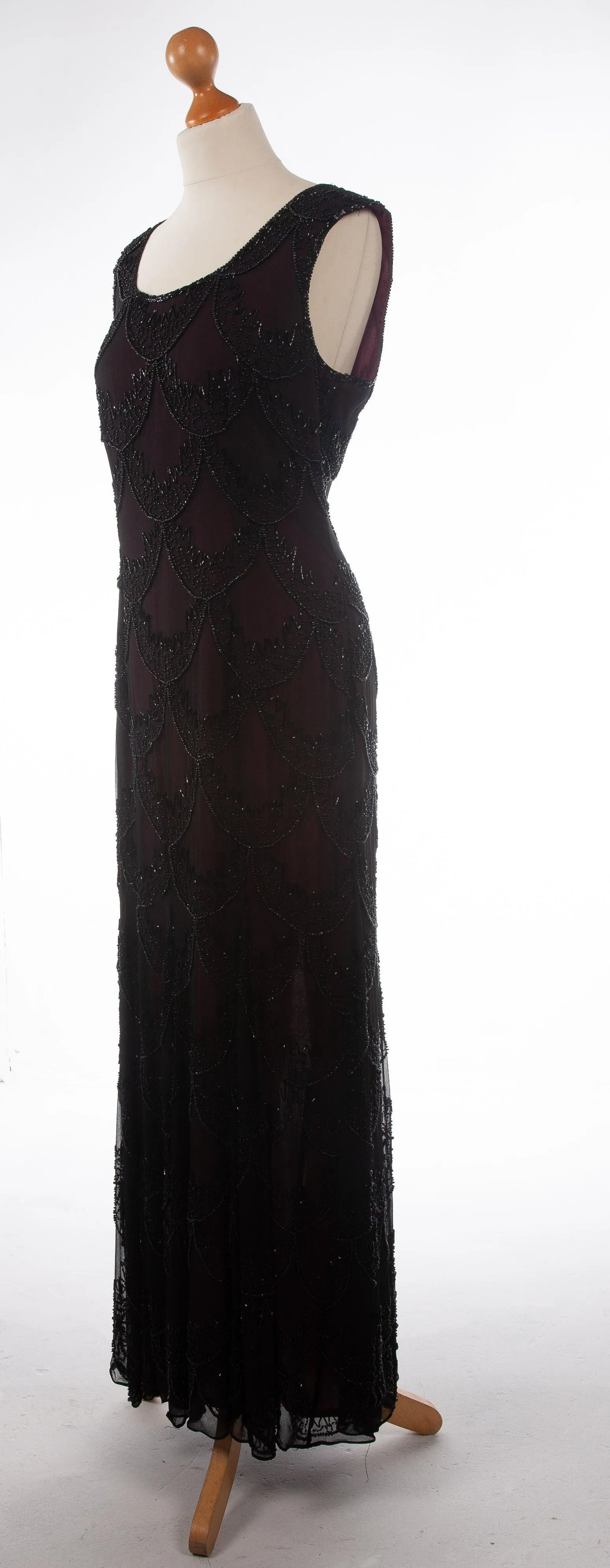 Stunning Roots Black Silk Chiffon Overlay Beaded Evening Dress UK 14