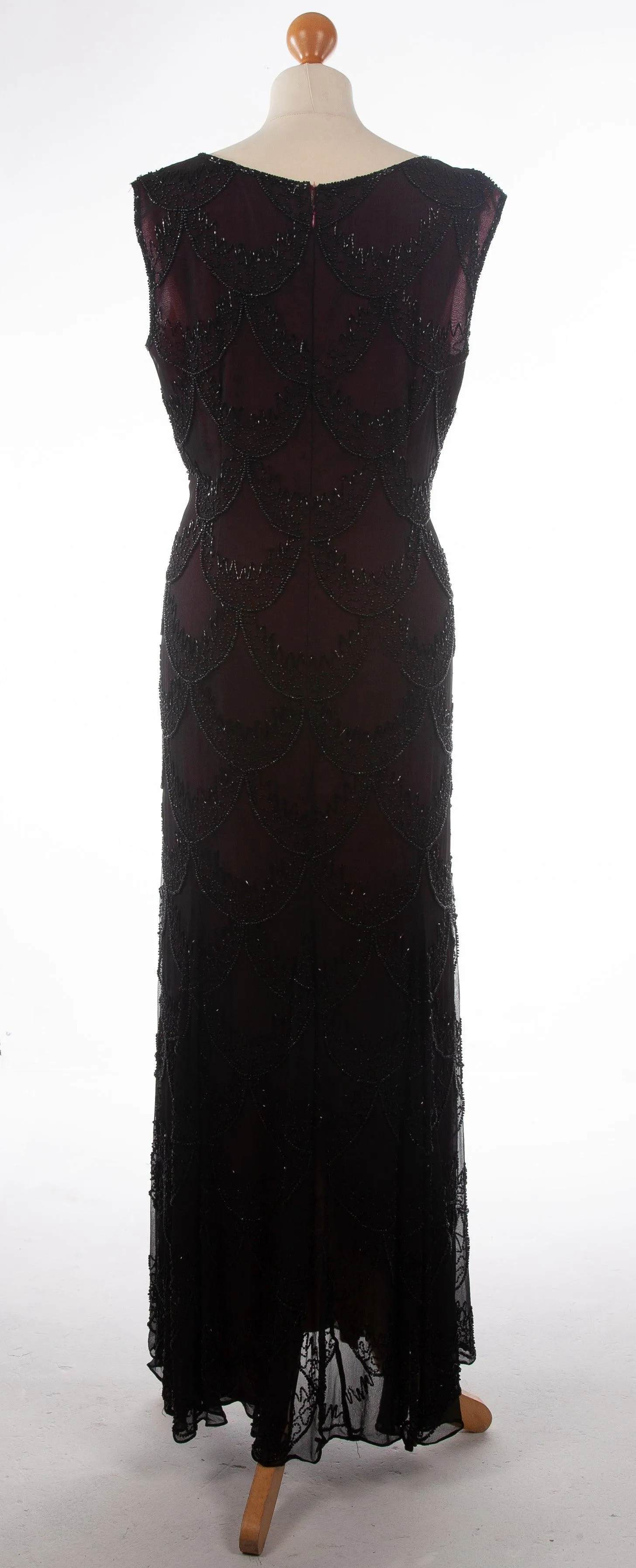 Stunning Roots Black Silk Chiffon Overlay Beaded Evening Dress UK 14