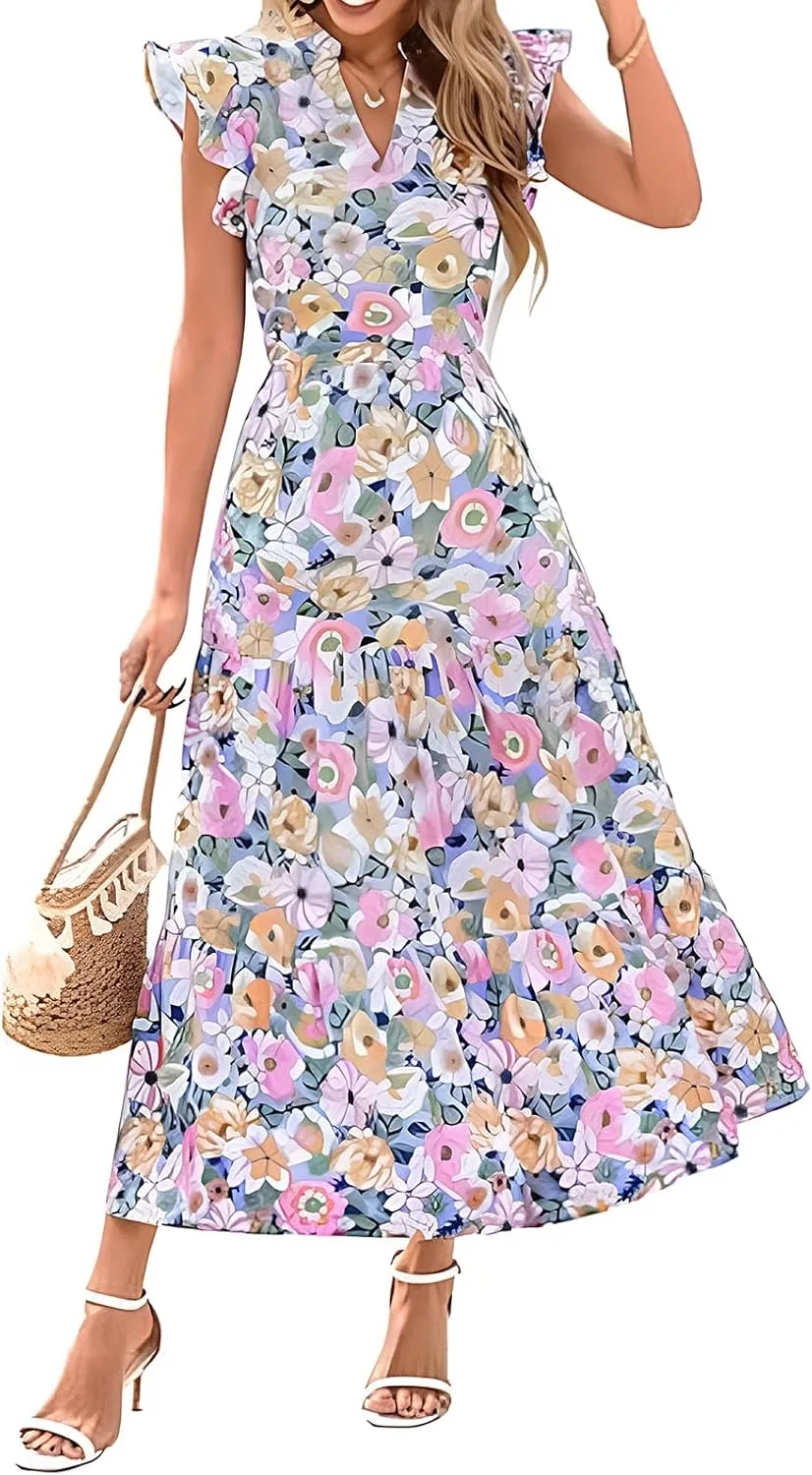 Summer Dresses for Women 2025 Floral Maxi Dress Cap Sleeve V Neck Ruffle Flowy Dresses Boho Beach Vacation Sundress