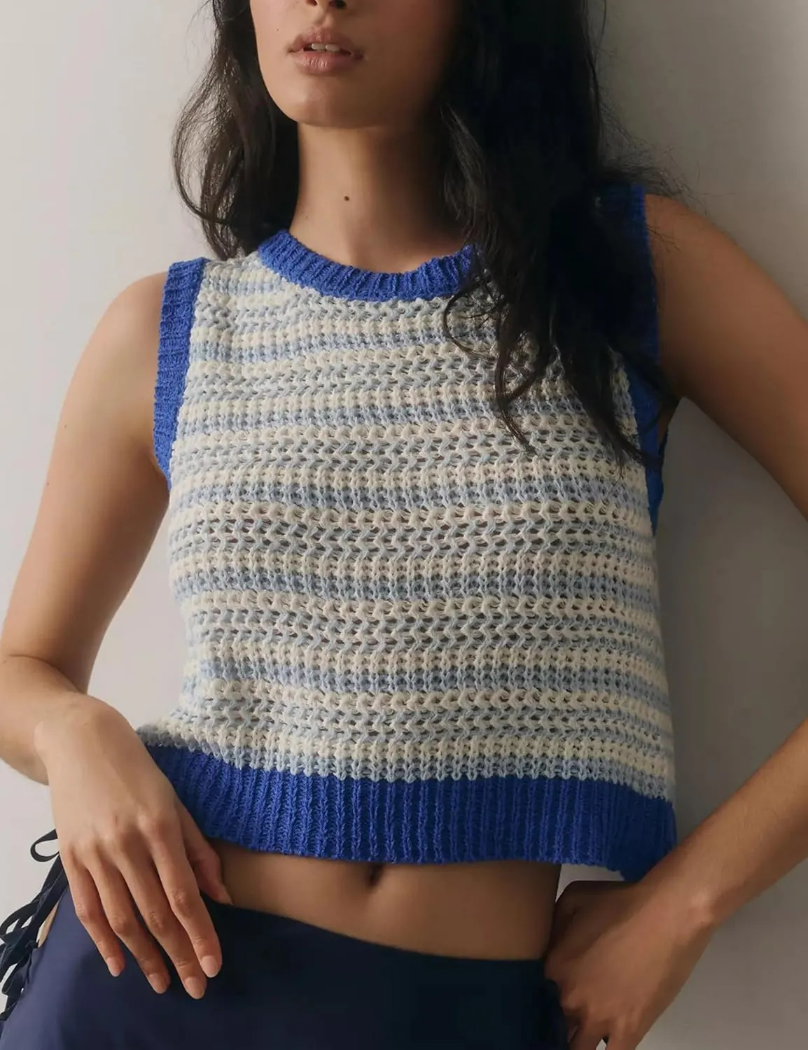 Sweater Vest Women Casual Sleeveless Crochet Tops Color Block Tie Back Knit Tank Tops