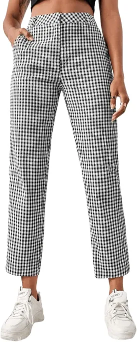 SweatyRocks Women's High Waisted Plaid Straight Leg Cropped Pants Gingham Trousers with Pockets