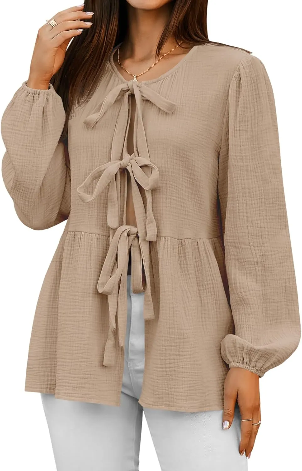 Tankaneo Womens Bow Tie Front Tops Babydoll Puff Long Sleeve Blouse Y2k Cotton Shirt