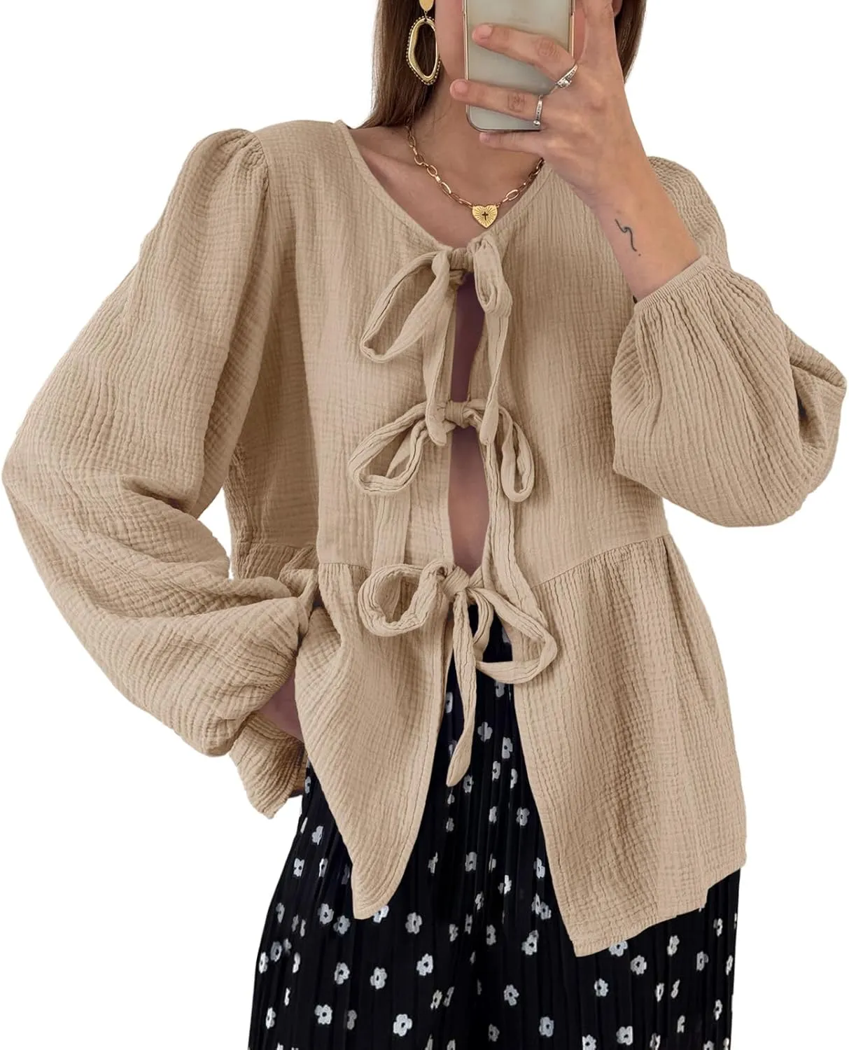 Tankaneo Womens Bow Tie Front Tops Babydoll Puff Long Sleeve Blouse Y2k Cotton Shirt