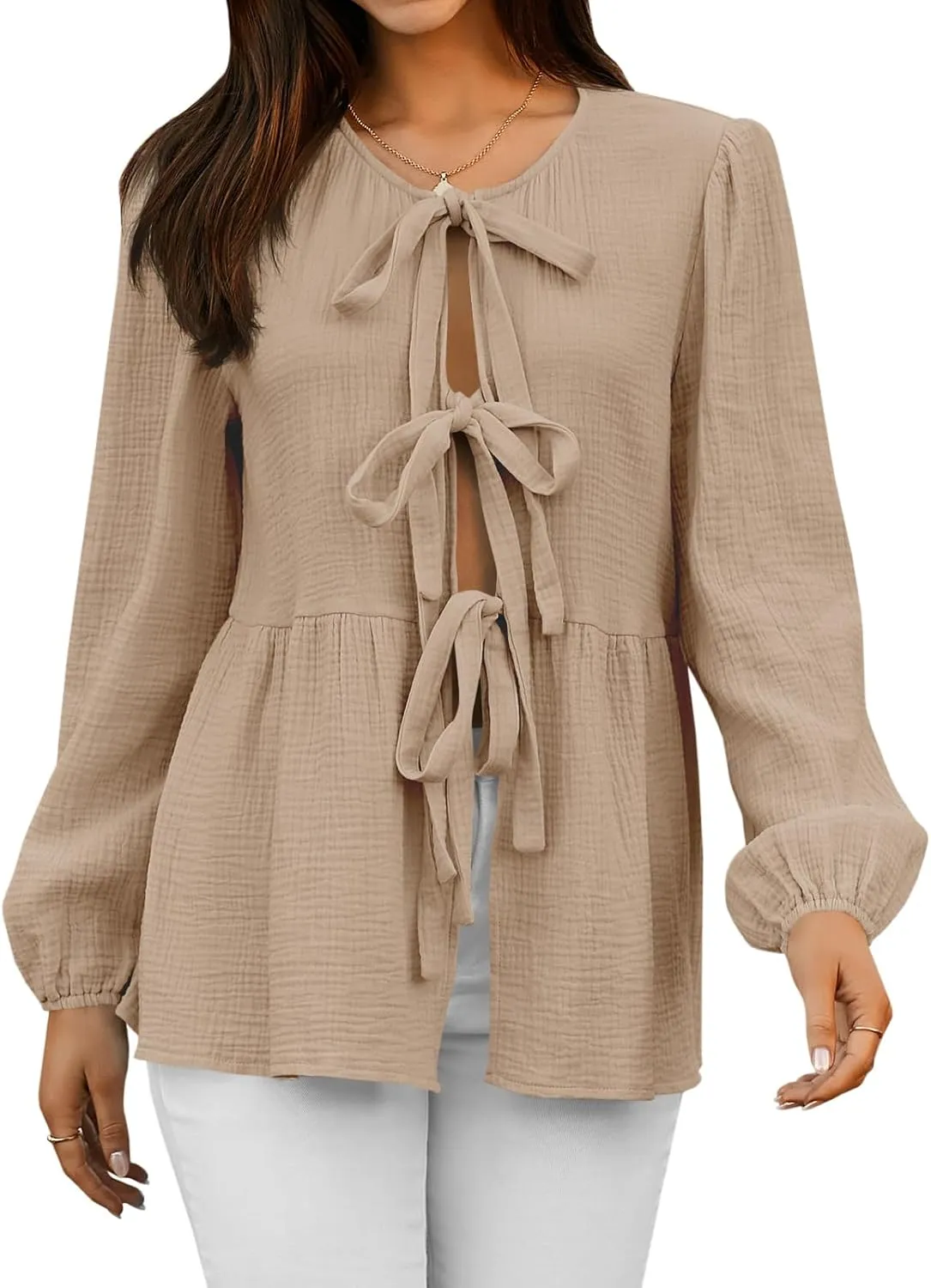 Tankaneo Womens Bow Tie Front Tops Babydoll Puff Long Sleeve Blouse Y2k Cotton Shirt