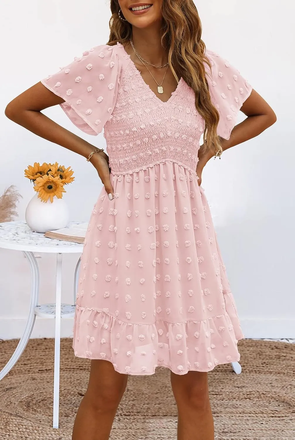 TECREW Womens Smocked Short Sleeve V Neck Mini Dress Summer Swiss Dot Flowy Short Dress