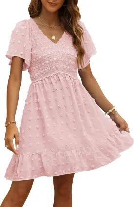 TECREW Womens Smocked Short Sleeve V Neck Mini Dress Summer Swiss Dot Flowy Short Dress
