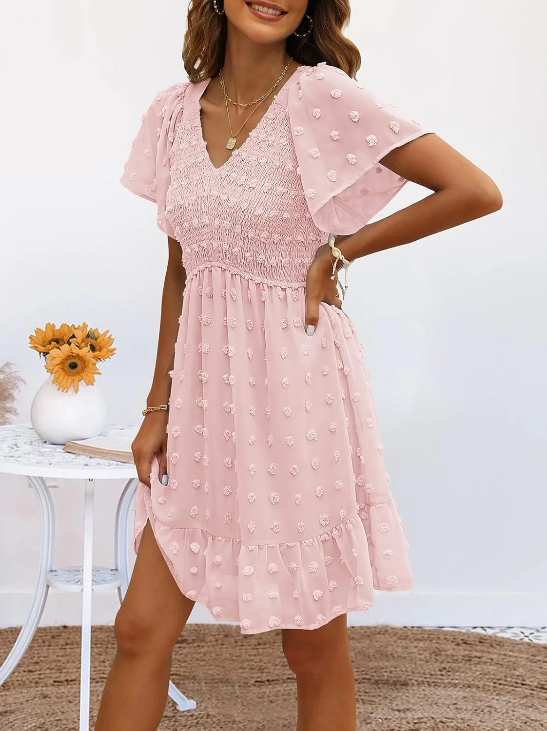TECREW Womens Smocked Short Sleeve V Neck Mini Dress Summer Swiss Dot Flowy Short Dress