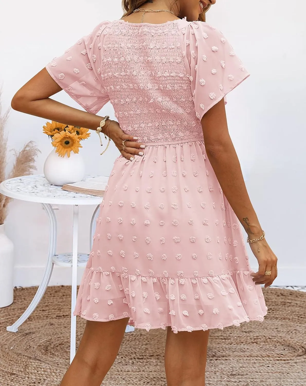 TECREW Womens Smocked Short Sleeve V Neck Mini Dress Summer Swiss Dot Flowy Short Dress