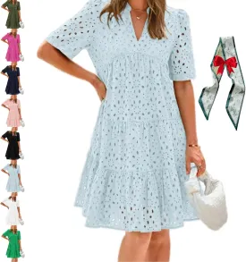 The Beauty North Eyelet Dress, Women Summer Ruffle Hem Lace Eyelet Dress, Women's Elegant Hollow Out Lace Ruffle Casual