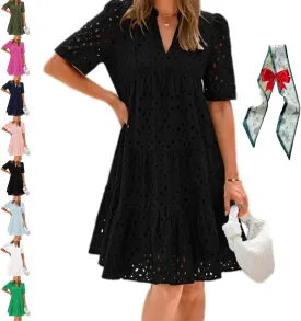 The Beauty North Eyelet Dress, Women Summer Ruffle Hem Lace Eyelet Dress, Women's Elegant Hollow Out Lace Ruffle Casual