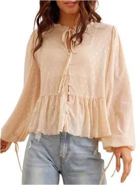 Verdusa Women's See Through Mesh Polka Dots Bow Front Ruffle Peplum Long Sleeve Blouse