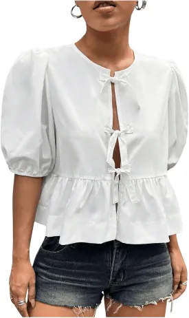 Verdusa Women's Tie Front Round Neck Puff Sleeve Blouse Ruffle Hem Peplum Top