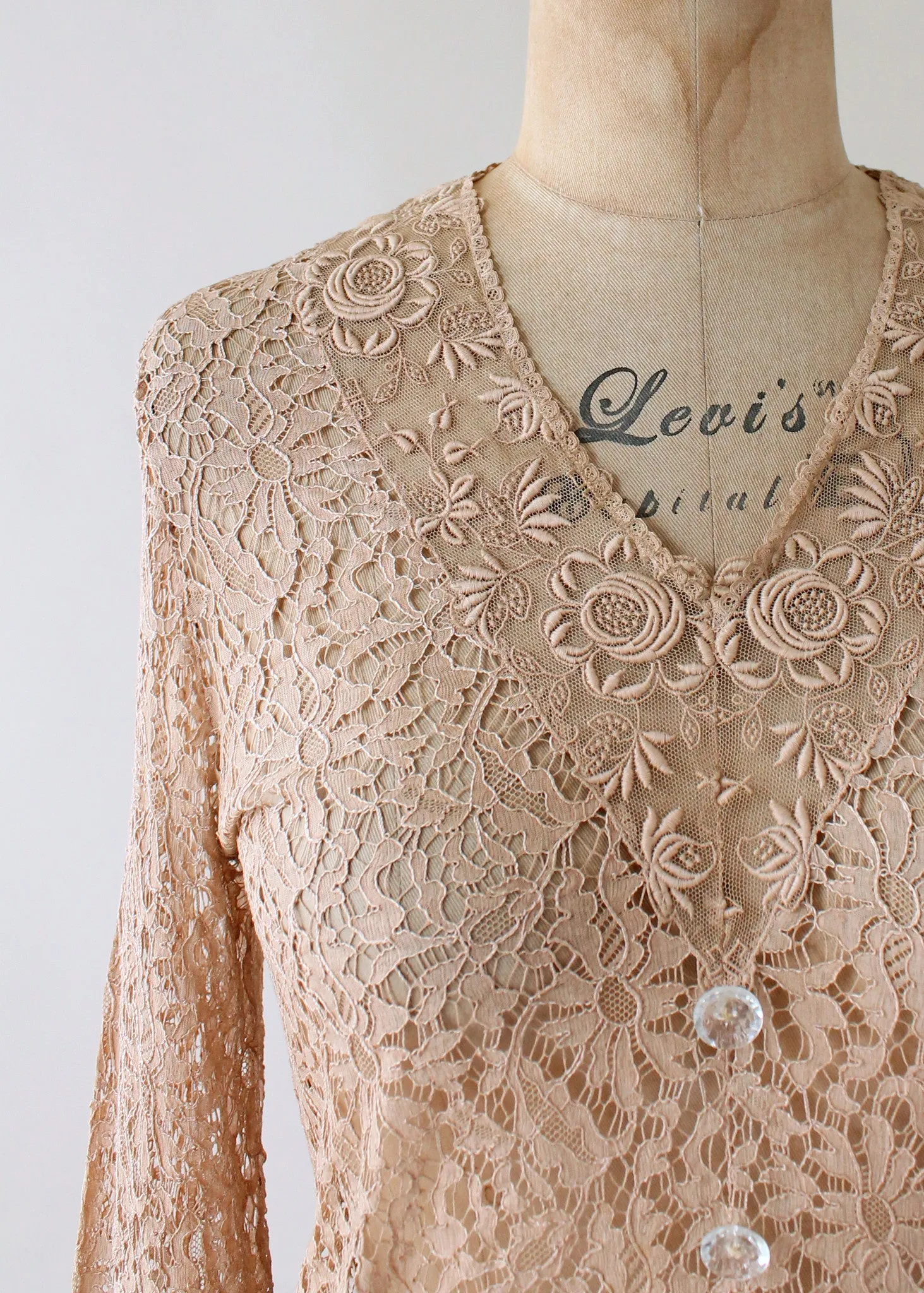 Vintage 1930s Nude Lace Blouse with Glass Buttons