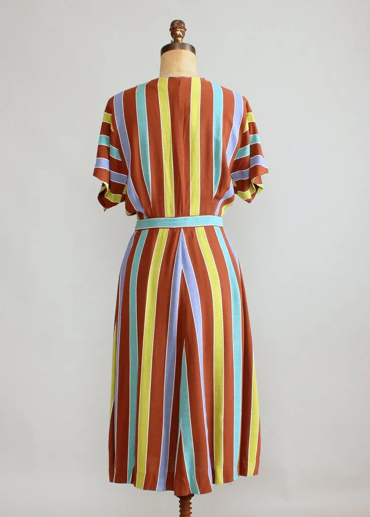 Vintage 1940s Brown Colorful Striped Day Dress
