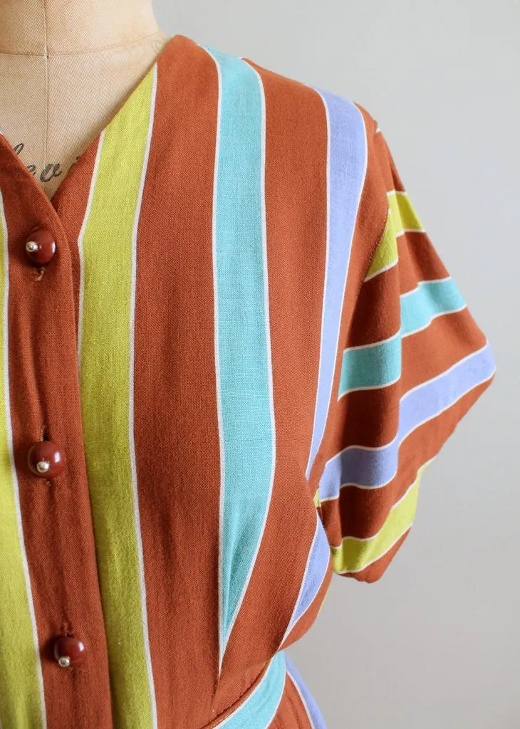 Vintage 1940s Brown Colorful Striped Day Dress