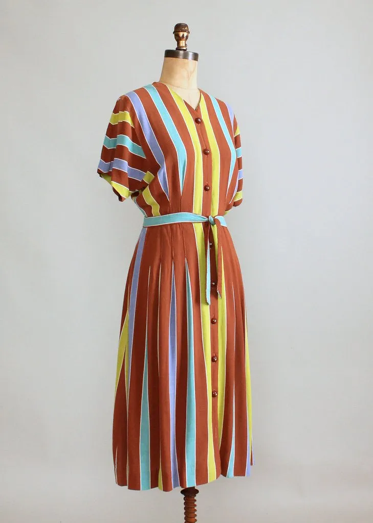 Vintage 1940s Brown Colorful Striped Day Dress
