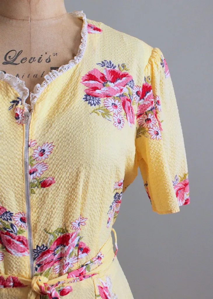 Vintage 1940s Yellow Cotton and Lace Floral House Dress
