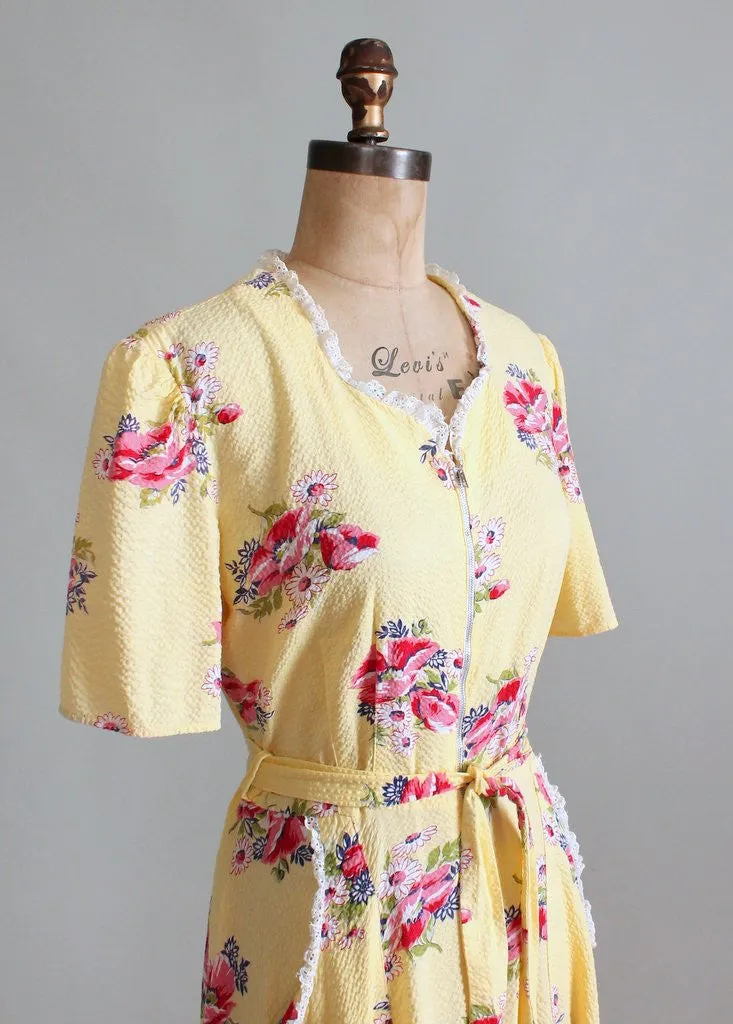Vintage 1940s Yellow Cotton and Lace Floral House Dress