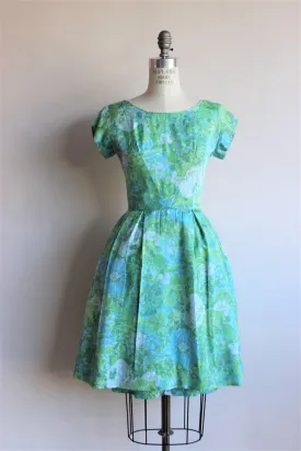 Vintage 1950s 1960s Blue Rose Fit And Flare Dress by Elinor Gay