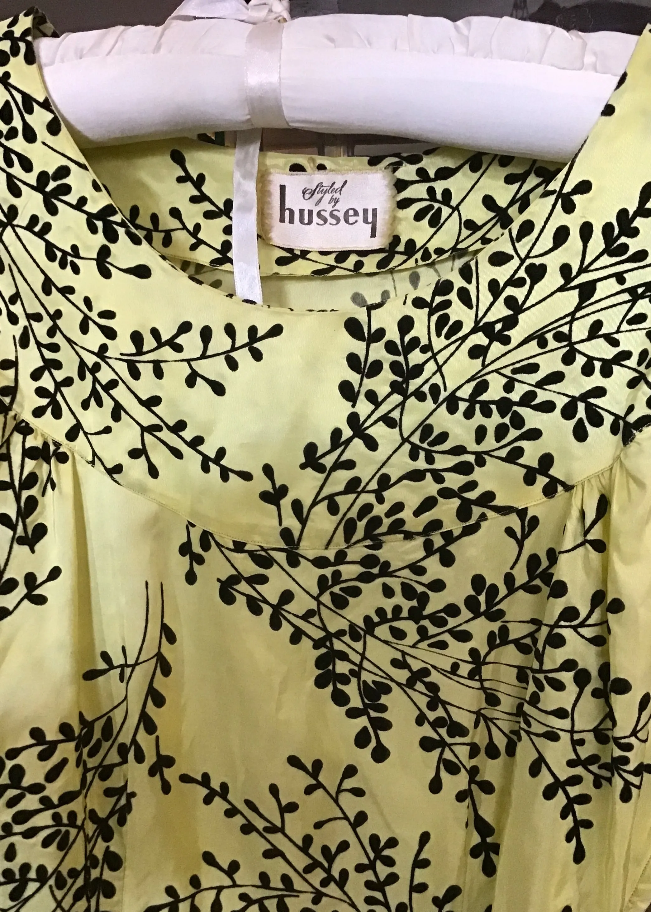 Vintage 1950s Primrose Yellow Black Flocked Cocktail Dress