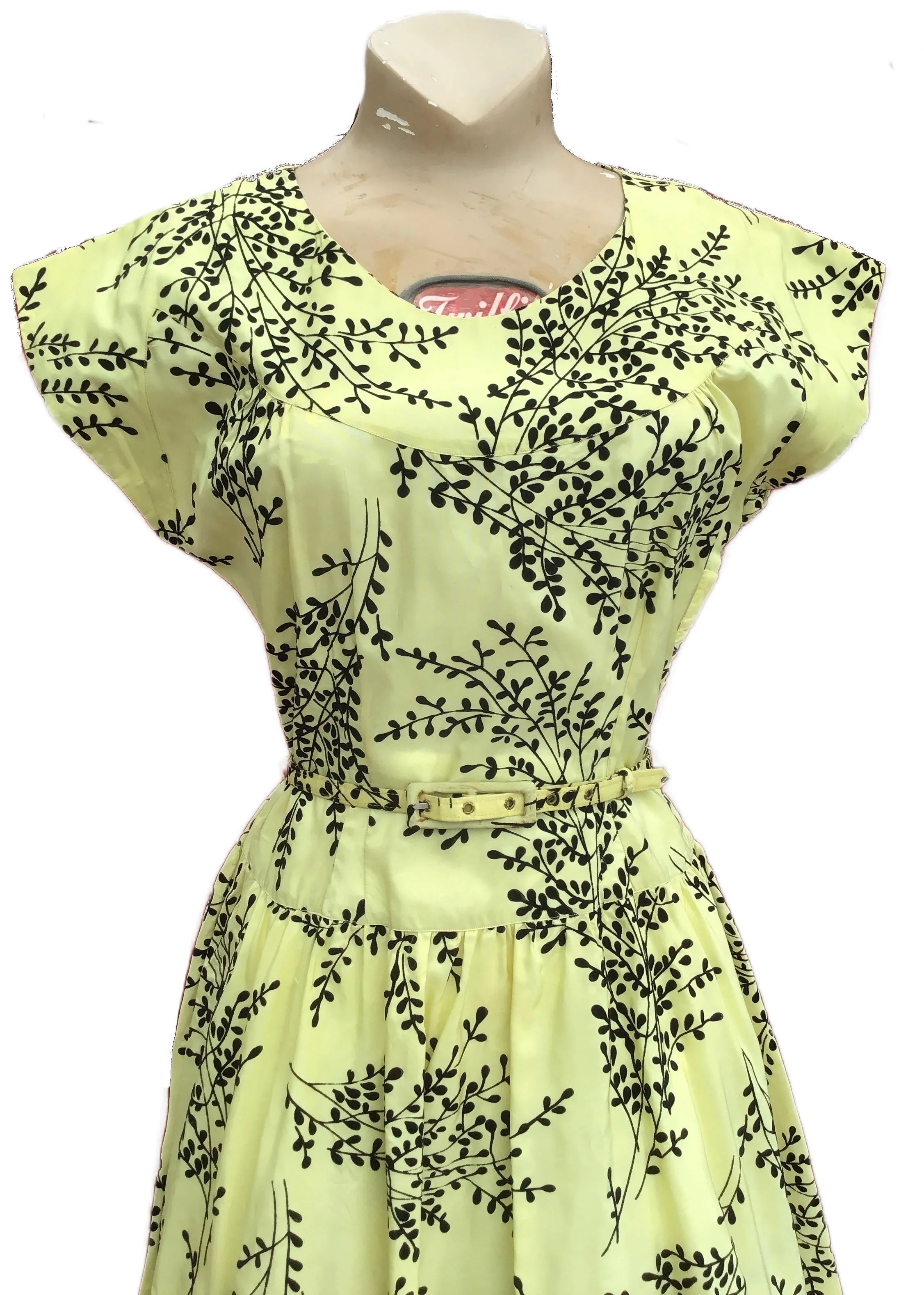 Vintage 1950s Primrose Yellow Black Flocked Cocktail Dress
