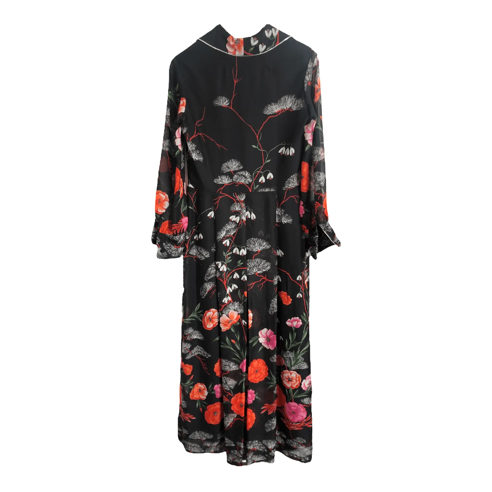 Vintage in Fink Modell 100% Polyester Long Sleeve Fit & Flare Shirt Maxi Dress Black Red Multi Floral Print UK Size 10-12