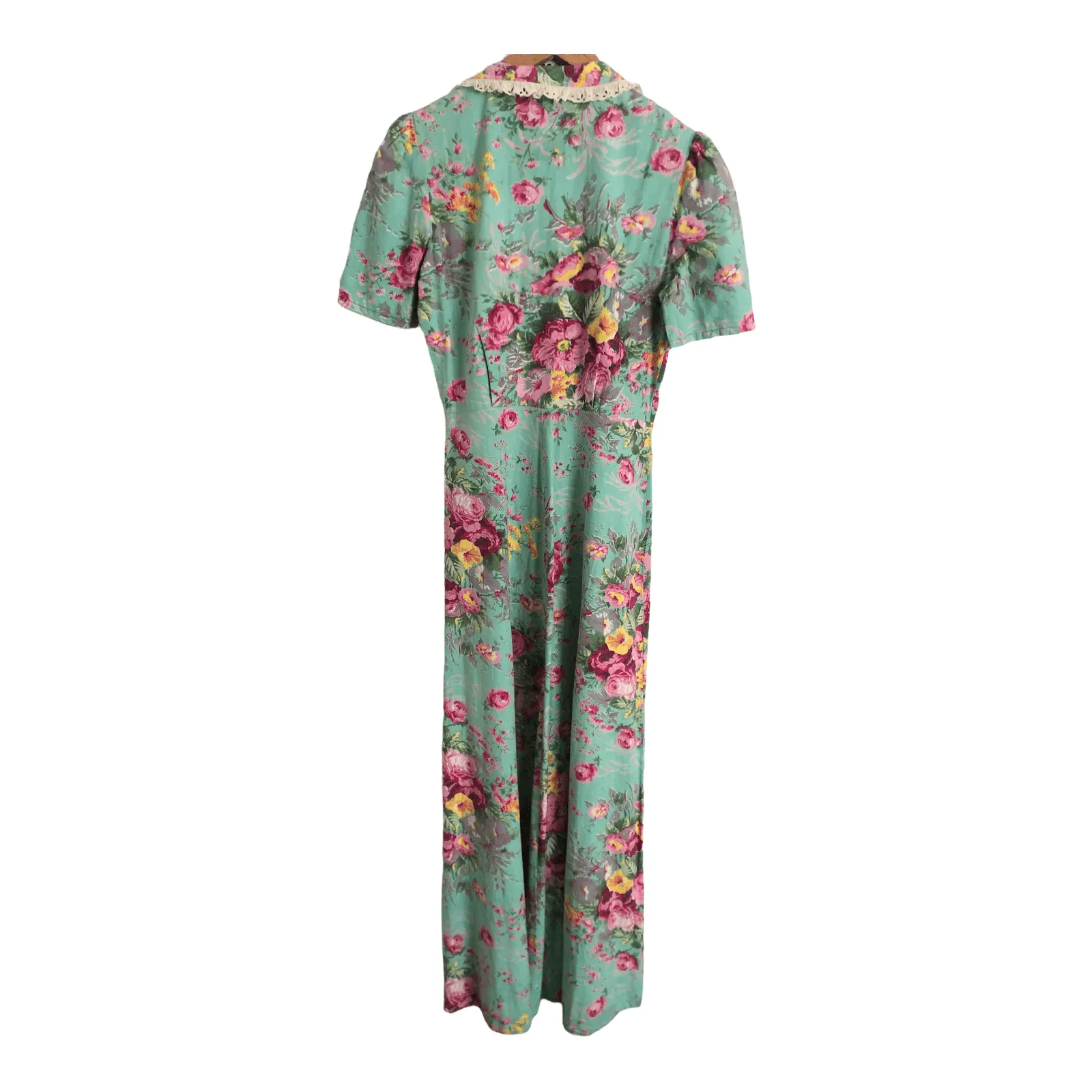 Vintage Ken Rose 100% Cotton Short Sleeve Tunic Maxi Dress Green Pink Floral Print UK Size 12