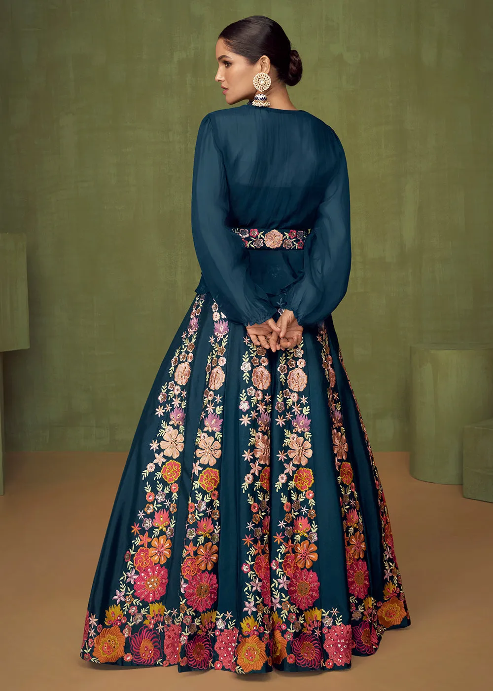 Wedding Party Peacock Blue Bridesmaid Peplum Anarkali Style Skirt