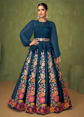 Wedding Party Peacock Blue Bridesmaid Peplum Anarkali Style Skirt