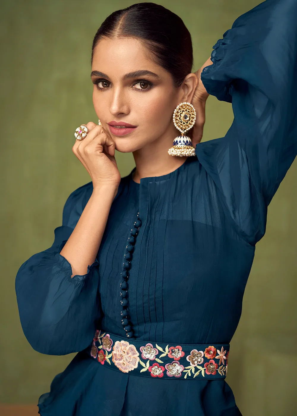 Wedding Party Peacock Blue Bridesmaid Peplum Anarkali Style Skirt