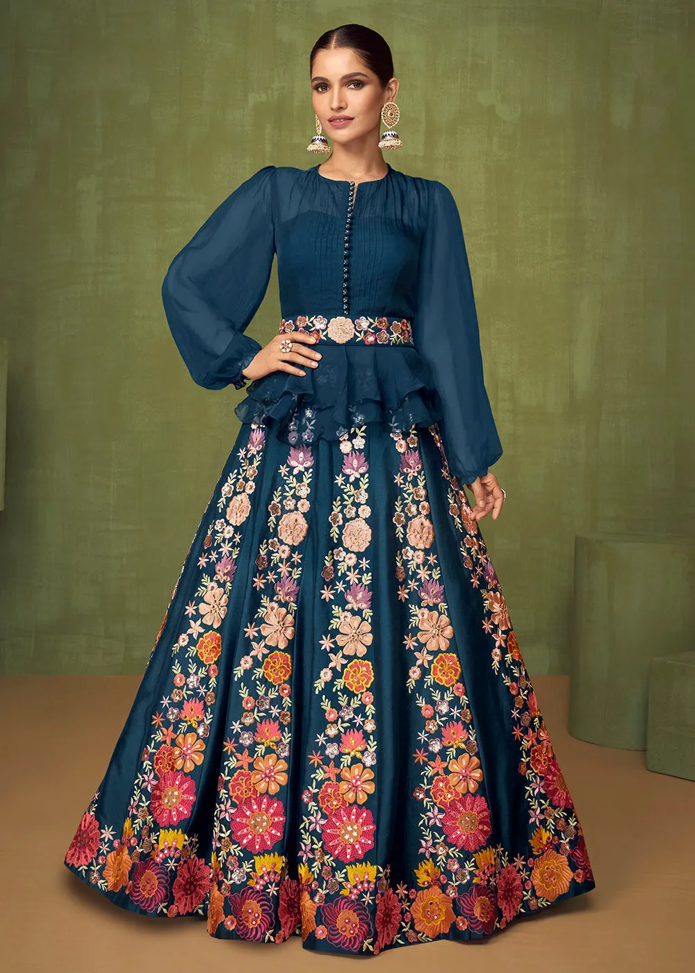 Wedding Party Peacock Blue Bridesmaid Peplum Anarkali Style Skirt