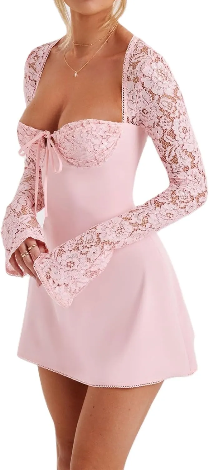 Women Elegant Lace Mini Dress Low Cut Back Tie Lace Patchwork Long Sleeve Dress Cocktail Party Clubwear