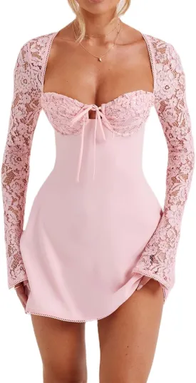 Women Elegant Lace Mini Dress Low Cut Back Tie Lace Patchwork Long Sleeve Dress Cocktail Party Clubwear