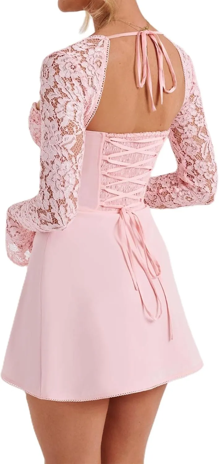 Women Elegant Lace Mini Dress Low Cut Back Tie Lace Patchwork Long Sleeve Dress Cocktail Party Clubwear