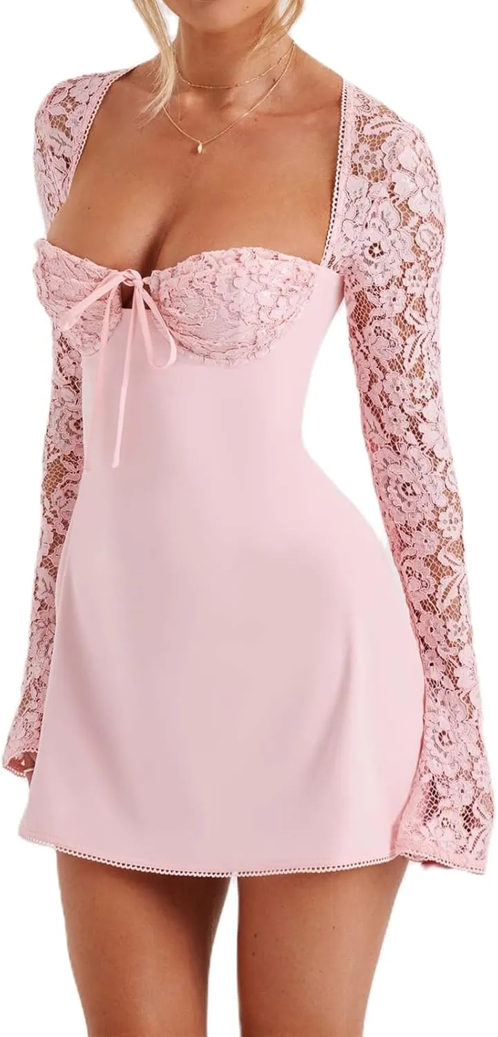 Women Elegant Lace Mini Dress Low Cut Back Tie Lace Patchwork Long Sleeve Dress Cocktail Party Clubwear