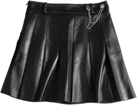 Women Playful College Style Japanese Golden Chain Short Blue White Lambskin Mini Pleated Skirt