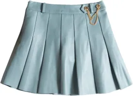 Women Playful College Style Japanese Golden Chain Short Blue White Lambskin Mini Pleated Skirt
