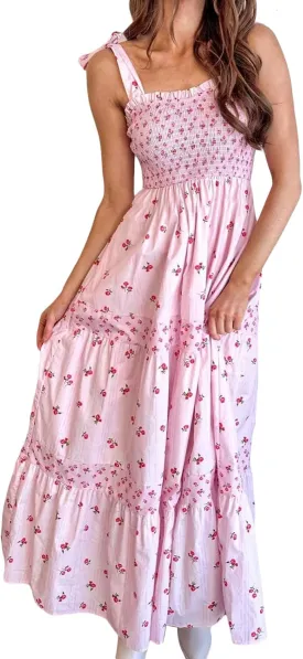 Women Spaghetti Strap Patchwork Maxi Dress Floral Smocked Lace Trim Long Dress Summer Boho Flowy Ruffle Sundress