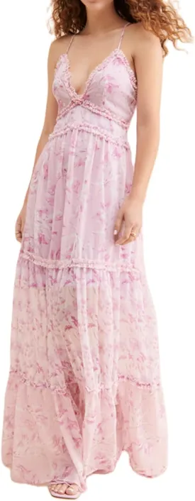 Women Spaghetti Strap Patchwork Maxi Dress Floral Smocked Lace Trim Long Dress Summer Boho Flowy Ruffle Sundress