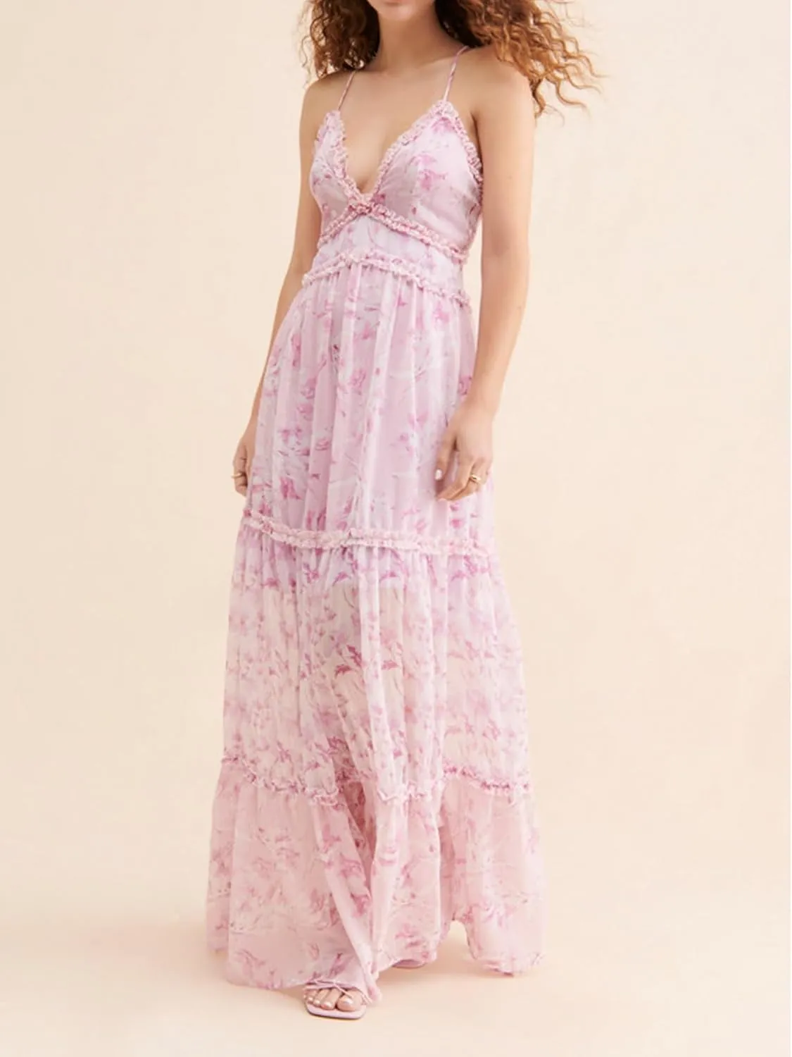 Women Spaghetti Strap Patchwork Maxi Dress Floral Smocked Lace Trim Long Dress Summer Boho Flowy Ruffle Sundress