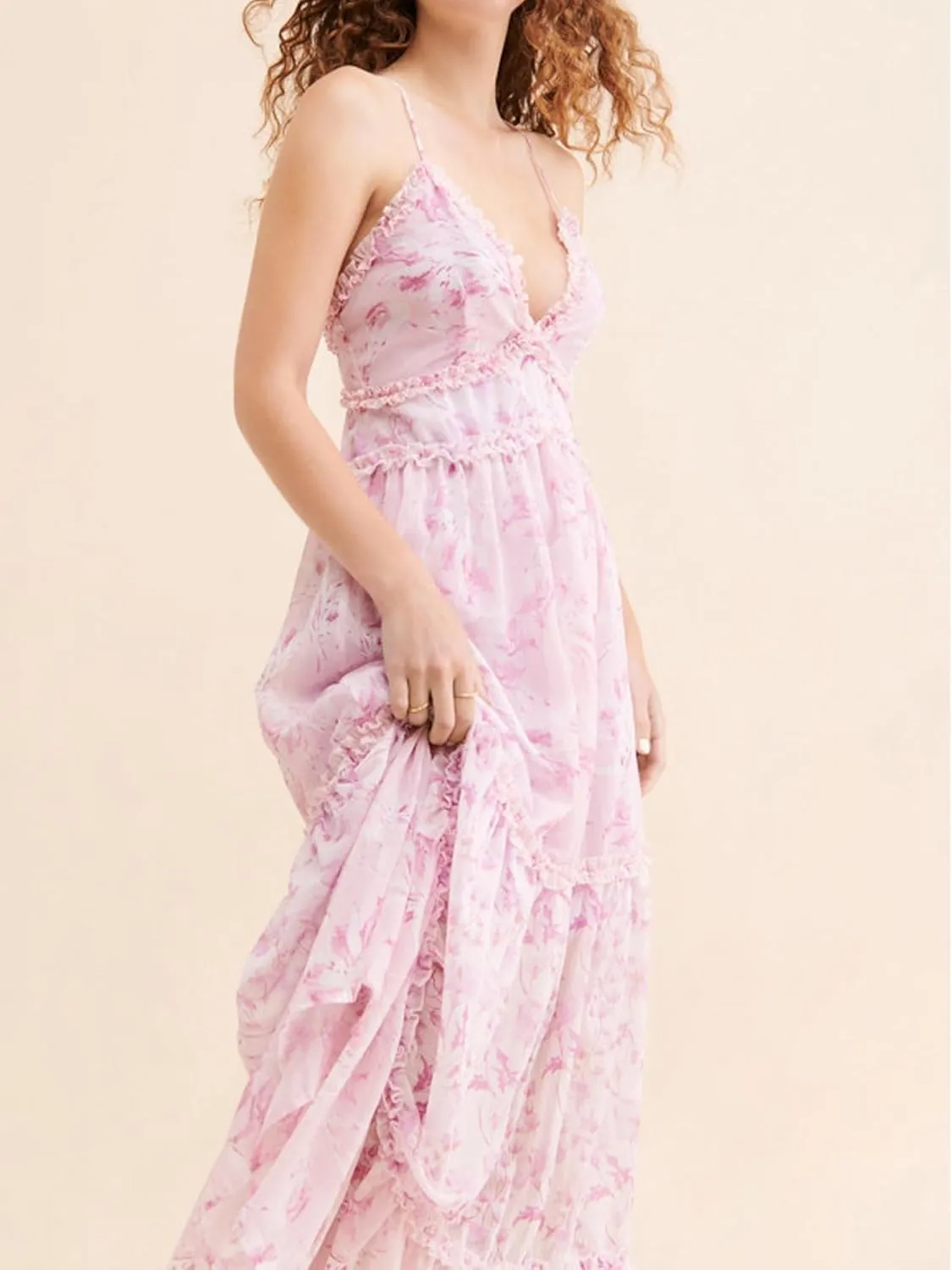 Women Spaghetti Strap Patchwork Maxi Dress Floral Smocked Lace Trim Long Dress Summer Boho Flowy Ruffle Sundress