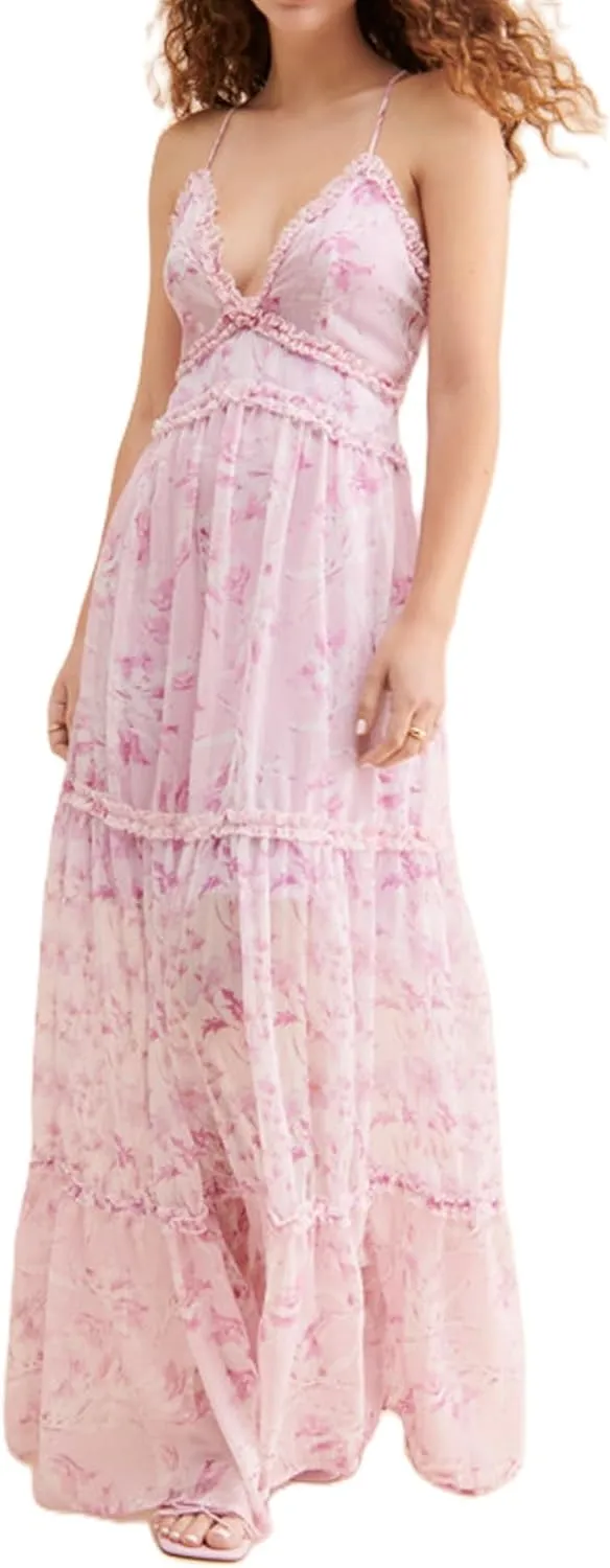 Women Spaghetti Strap Patchwork Maxi Dress Floral Smocked Lace Trim Long Dress Summer Boho Flowy Ruffle Sundress