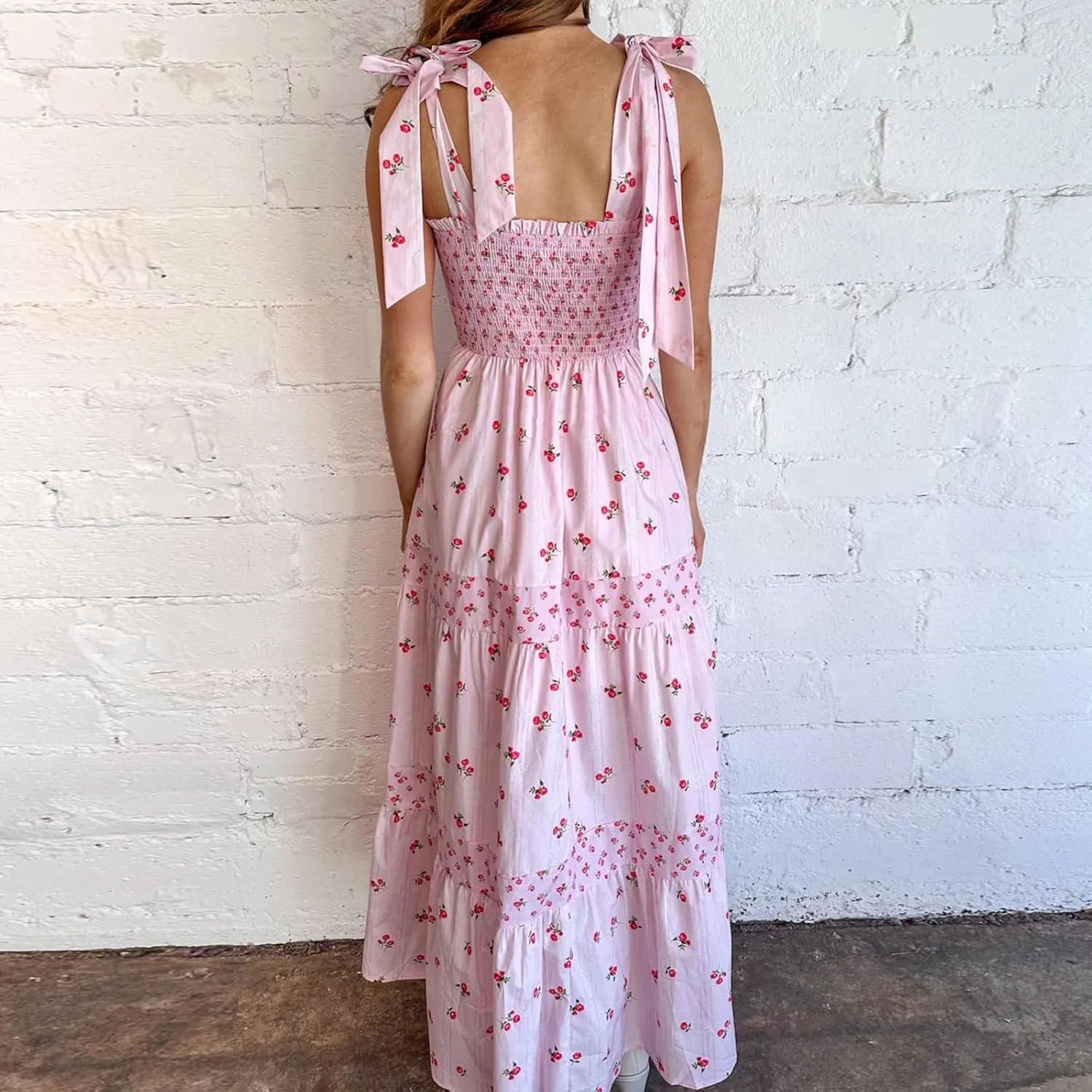 Women Spaghetti Strap Patchwork Maxi Dress Floral Smocked Lace Trim Long Dress Summer Boho Flowy Ruffle Sundress