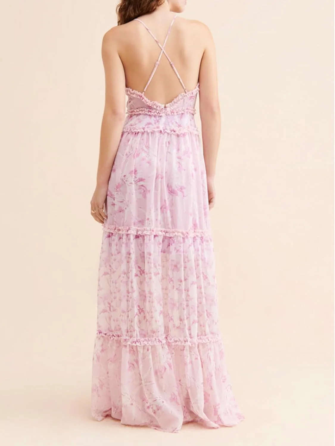 Women Spaghetti Strap Patchwork Maxi Dress Floral Smocked Lace Trim Long Dress Summer Boho Flowy Ruffle Sundress