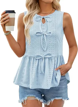 Women Summer Eyelet Peplum Sleeveless Tank Tops Crew Neck Y2K Babydoll Blouse Cute Bow Tie Front Flowy Shirts
