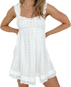 Women Summer Mini Dress Casual Loose Floral Embroidery Ruffle A Line Dress Sleeveless Backless Short Beach Sundress