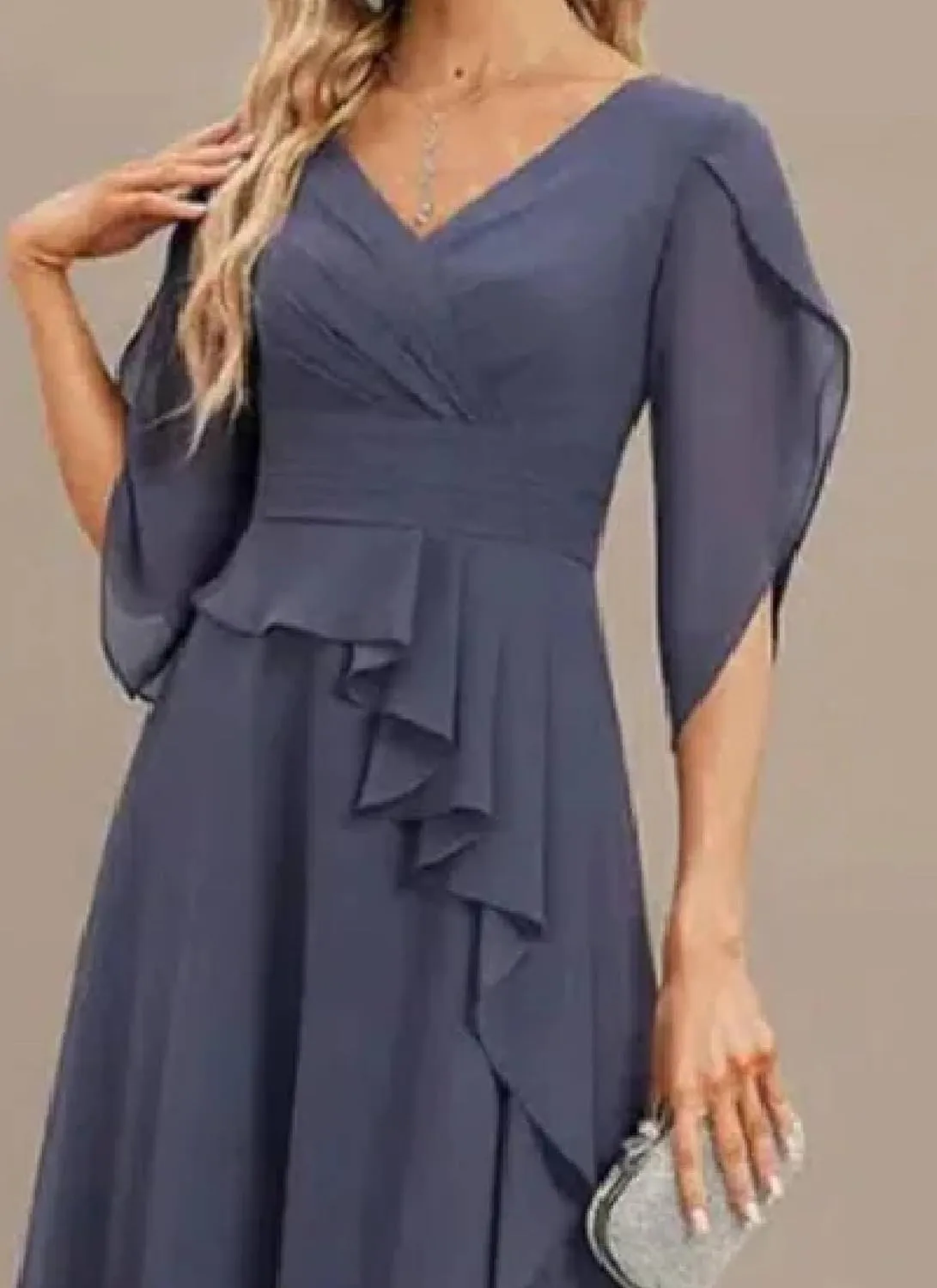 Women's 2025 Summer Deep V-Neck Short Sleeve Midi Dresses Waist Cinching Plain Ruffled A Line Slim Fit Cocktail Dress
