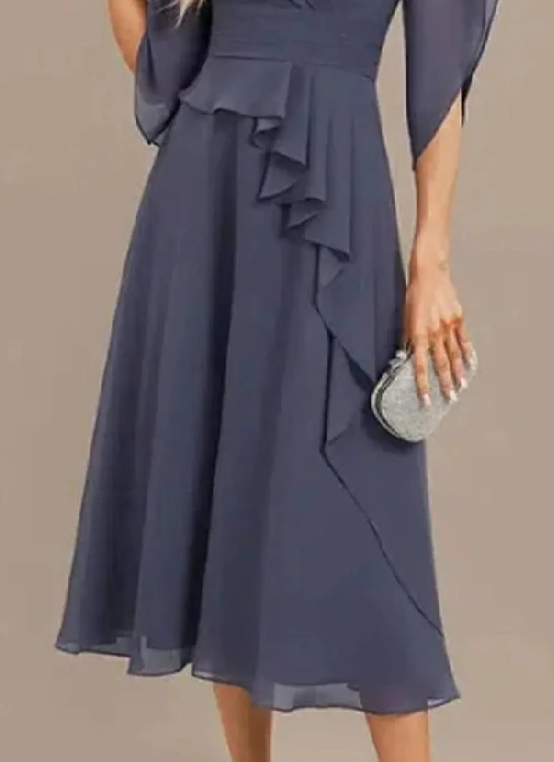 Women's 2025 Summer Deep V-Neck Short Sleeve Midi Dresses Waist Cinching Plain Ruffled A Line Slim Fit Cocktail Dress
