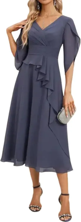Women's 2025 Summer Deep V-Neck Short Sleeve Midi Dresses Waist Cinching Plain Ruffled A Line Slim Fit Cocktail Dress